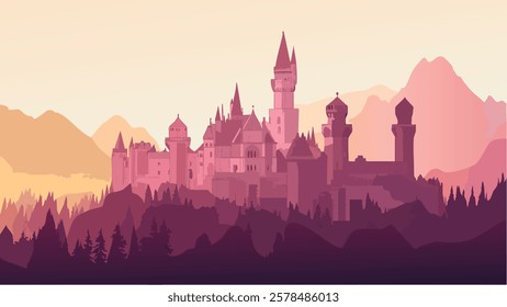 This illustration depicts the stunning Neuschwanstein Castle, located in the Bavarian Alps of Germany, standing tall against a misty mountain backdrop