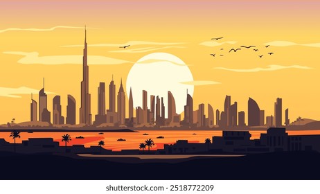 Esta ilustración representa el impresionante horizonte de Dubái, Emiratos Árabes Unidos, con sus rascacielos icónicos, incluido el imponente Burj Khalifa en el centro