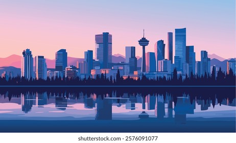 This illustration depicts the stunning skyline of Calgary, Alberta, set against the backdrop of the Canadian Rockies at sunset