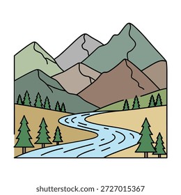Esta ilustración representa una cordillera estilizada con picos en capas en tonos de verde y marrón. Un río azul serpenteante fluye a través de un valle dorado en primer plano, flanqueado por pinos verdes. La Imagen tiene un estilo limpio y delineado.