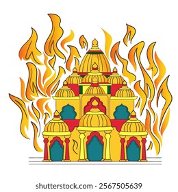 This illustration depicts a temple engulfed in flames, symbolizing destruction and loss. It serves as a poignant reminder of the vulnerability of cultural and religious sites to disasters