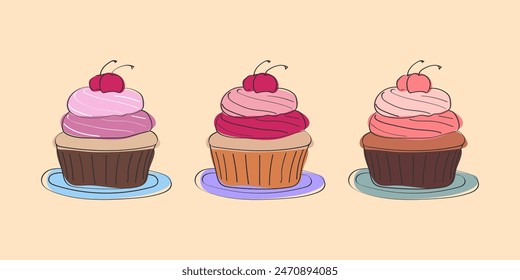 This illustration depicts three cherry cupcakes on plates, each with a different frosting color. They are drawn in a simple cartoon style and have a slightly whimsical feel.