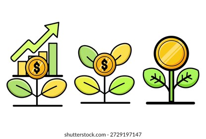 This illustration depicts the three stages of financial growth and investment, showing a dollar coin plant developing from a small sprout into a robust money tree alongside a bar chart indicating upward market progress.