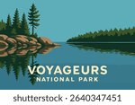 This illustration depicts the tranquil beauty of Voyageurs National Park at sunset, where pine trees line the shores of the lakes