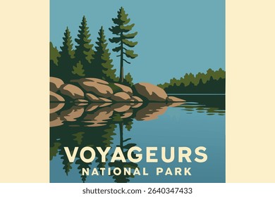 This illustration depicts the tranquil beauty of Voyageurs National Park at sunset, where pine trees line the shores of the lakes