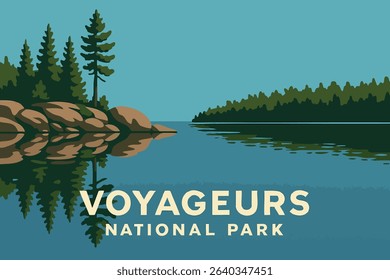 This illustration depicts the tranquil beauty of Voyageurs National Park at sunset, where pine trees line the shores of the lakes