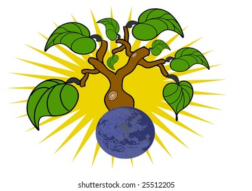 This illustration depicts a tree with enormous leaves on the earth