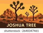 This illustration depicts the twisted Joshua trees in Joshua Tree National Park, their unique forms set against the sunset sky. 