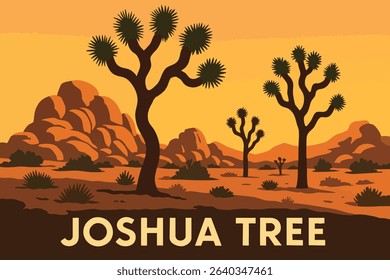 This illustration depicts the twisted Joshua trees in Joshua Tree National Park, their unique forms set against the sunset sky. 