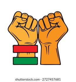 Esta ilustração retrata dois punhos cerrados levantados como um símbolo poderoso de unidade e força coletiva. O design apresenta tons de laranja arrojados com acentos vermelhos e verdes, representando a libertação e o orgulho cultural.