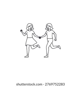 This illustration depicts two young girls running and holding hands, conveying a sense of friendship, joy, and carefree abandon. The simple yet expressive line drawing style adds to the charm and innocence of the scene, evoking memories of childhood and the beauty of simple moments.