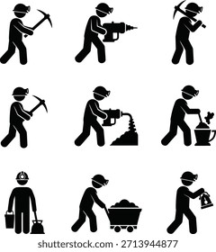 This illustration depicts various mining activities and tools used by miners. It showcases the worker engaged in tasks such as digging with a pickaxe, drilling, operating machinery, and transporting