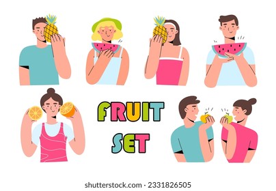 This illustration depicts women and men holding a apple,a pineapple,a orange and a watermelon. The fruits symbolizes the refreshing, sweet delights of the summer season.