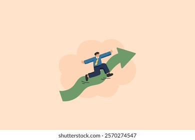 This illustration depicts a young businessman running on a rising green arrow, symbolizing financial growth or career advancement. The vibrant design emphasizes progress and success.