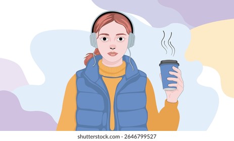 Esta ilustração retrata uma jovem mulher usando fones de ouvido e um colete azul, segurando uma xícara de café fumegante. Ela está vestida com roupas quentes, sugerindo um dia frio.