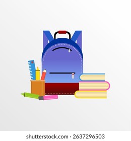 This illustration design depicts a common set of school supplies, such as a school bag, several books, and various stationery items. The illustration style can vary, ranging from simple and cartoonish