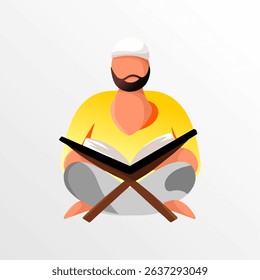 This illustration design depicts a man who is sitting calmly, focused on reading the Quran. The man might be shown in a cross-legged position or seated on a chair, indicating a respectful 