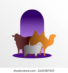 This illustration design features three sacrificial animals that are important symbols of the Eid al-Adha celebration: a cow, a goat, and a sheep. Each animal is drawn in a friendly, warm