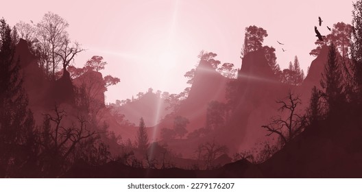 This is an illustration design of a forest landscape done in a flat art style. By using a red element, this image looks elegant but has a mysterious nature. Good for background purposes or the like.