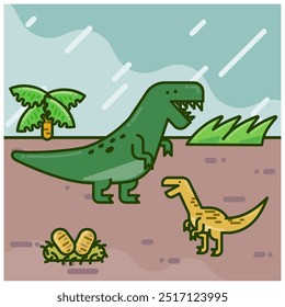 Dies ist eine Illustration des Dinosauriers Tyrannosaurus rex und Velociraptor.