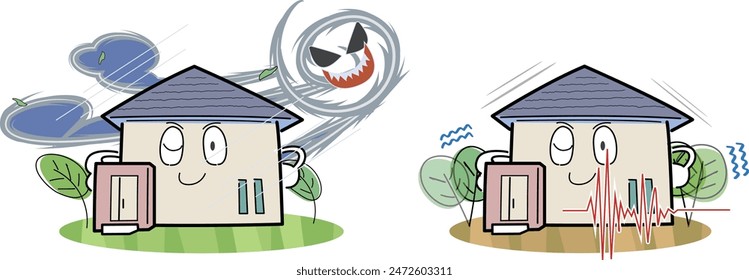This is an illustration of a disaster prevention set featuring deformed house characters.