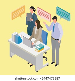 This is an illustration of a discussion in front of a computer in an office.