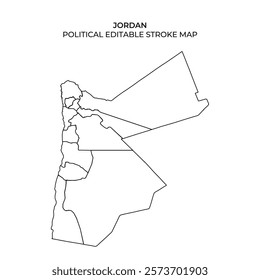 This illustration displays a detailed outline of the political divisions within Jordan. Each region is distinctly marked, useful for educational and planning purposes.