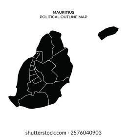 This illustration displays a detailed political outline map of Mauritius, showcasing its distinct regions and administrative boundaries in a minimalist black design.