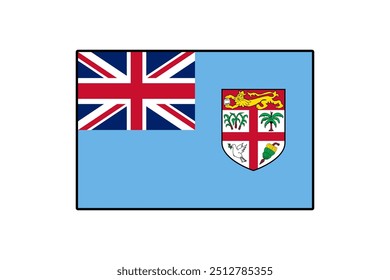 Esta ilustração exibe a distinta bandeira de Fiji com um campo azul, uma Union Jack e um escudo com palmeiras, uma pomba e outros símbolos, refletindo sua herança cultural.