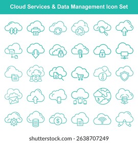 This illustration displays a diverse range of cloud icons in turquoise color. These include functions like file upload, download, printer, data protection, shopping cart, and financial aspect