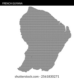 This illustration displays a dotted map of French Guyana, emphasizing its unique geographical outlines and features.