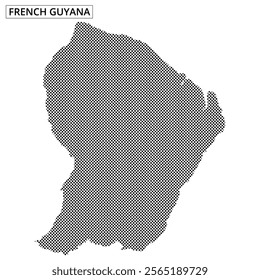 This illustration displays a dotted map of French Guyana, emphasizing its unique geographical outlines and features.