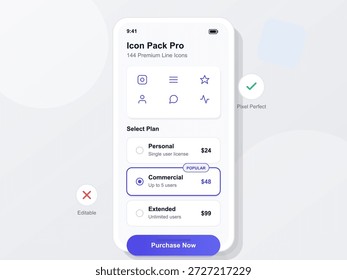 This illustration displays a mobile app interface showing pricing plans for an icon pack subscription. It includes options for personal and commercial use, with a purchase button.