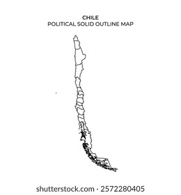 This illustration displays the political boundaries of Chile in a solid outline format, highlighting the countrys elongated shape and geographical layout without additional details.