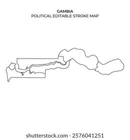 This illustration displays a political stroke map of Gambia, highlighting its geographical borders and key outlines. Ideal for educational or design purposes, it presents clear delineations.