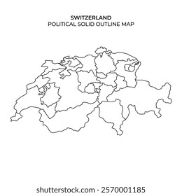 This illustration displays a solid outline map of Switzerland, highlighting its political boundaries and regions. The design emphasizes the structure of the countrys geography.