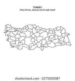 This illustration displays the solid outline map of Turkey, featuring clear delineation of political regions across the country. The lack of color emphasizes the geographic structure.