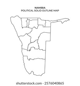 This illustration displays a solid outline map of Namibia, highlighting the political divisions and regions within the country clearly for easy reference and study.