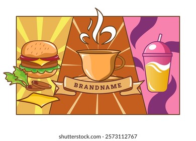 This illustration is divided into three sections. The left section features a hamburger. The middle section showcases a steaming cup of coffee.The right section displays a cold beverage in a cup.