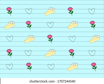 This illustration is drawn with carnations, hearts and cakes. Happy Mother's Day celebration.