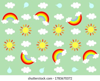 This illustration draws rainbow, sun, clouds, raindrops. These patterns are very cute.