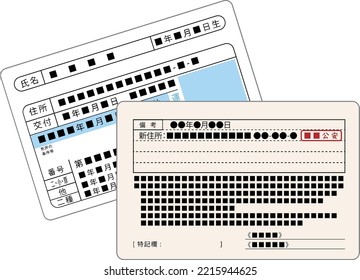 This is an illustration of a driver's license with a change of address due to a move. The written JAPANESE is "name, address, public safety, issuance, number, and conditions.