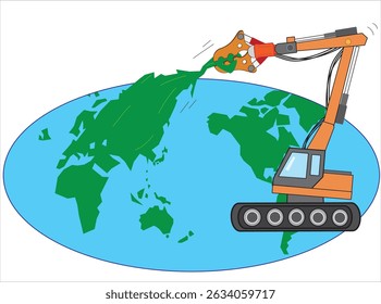 Esta é uma ilustração da Terra sendo destruída ambientalmente pelo desenvolvimento usando máquinas pesadas.