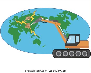 This is an illustration of the Earth being environmentally destroyed by development using heavy machinery.