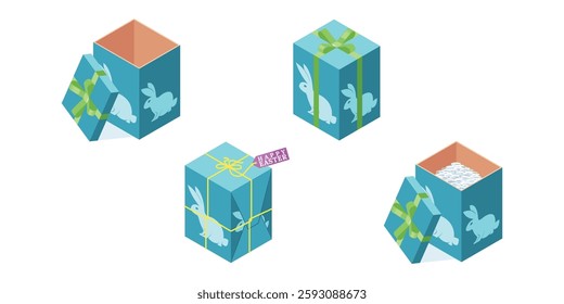 This is Illustration of Easter Gift Box in teal color with Rabbit symbol from Isometric Stock. Cool design set for Easter Holiday Events and business, Isolated elements for Ornament and Decoration.