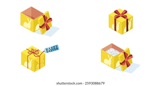 This is Illustration of Easter Gift Box in yellow color with Rabbit symbol from Isometric Stock. Cool design set for Easter Holiday Events and business, Isolated elements for Ornament and Decoration.