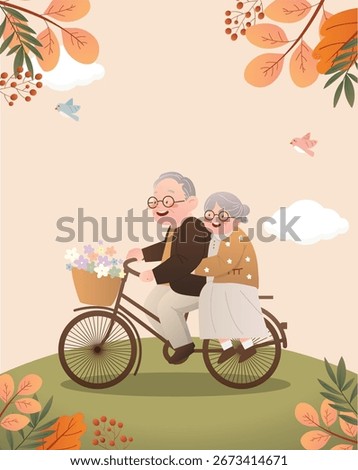 This is an illustration of an elderly couple riding bicycles in a park.