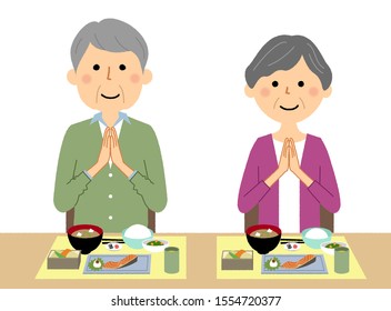 This is an illustration of a elderly couple who is starting a meal.