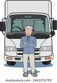 This is an illustration of an elderly driver standing in front of a truck.