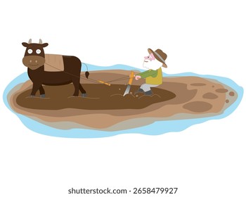 Esta é uma ilustração de um agricultor idoso arando uma plantação de arroz.